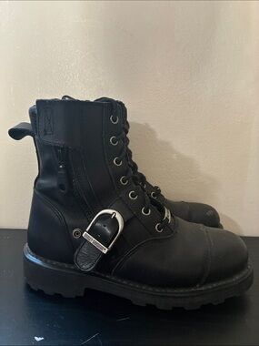 Harley-Davidson black leather combat boots, likely the Ranger model size 8